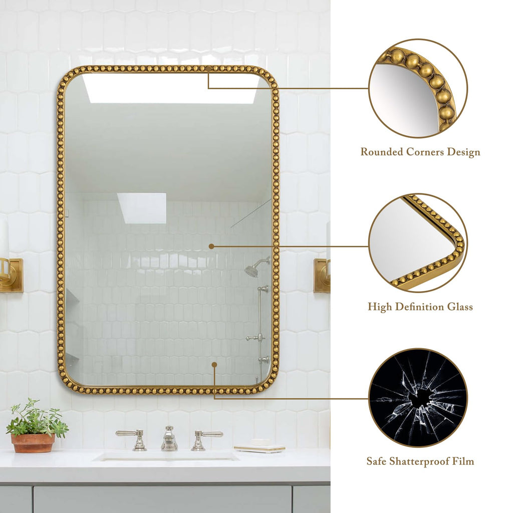 Wall Mirror - 24"x36" Rectangle Rounded Corner Beaded Frame Mirror, Large Vanity Mirror Hangs Horizontal or Vertical