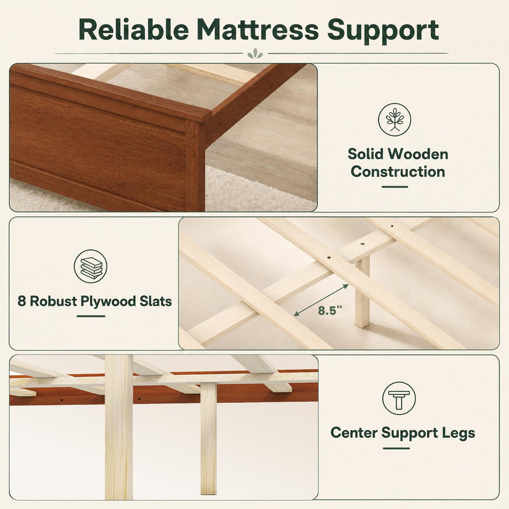 King Size Bed Frame with Headboard, Wood Platform Bed (Walnut)