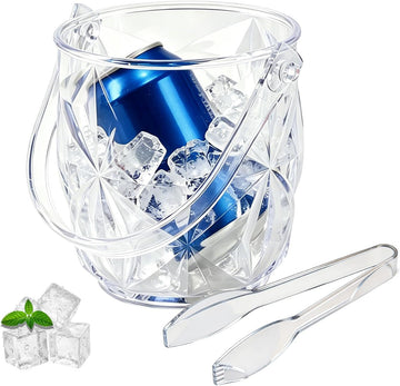 Crystal Ice Bucket with Handle & Tongs-1.1 L Plastic Clear Champagne Ice Buckets for Parties, Beer, Wine, Drinks - Set of 2