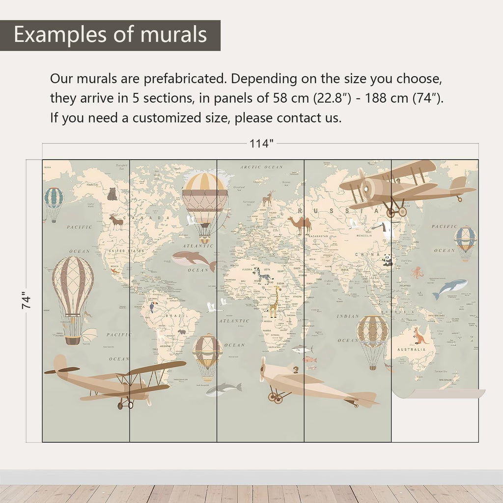 Vintage Animal Wallpaper Cartoon Aircraft Map wall murals for Kids Room 114"x74"(Not Peel and Stick)