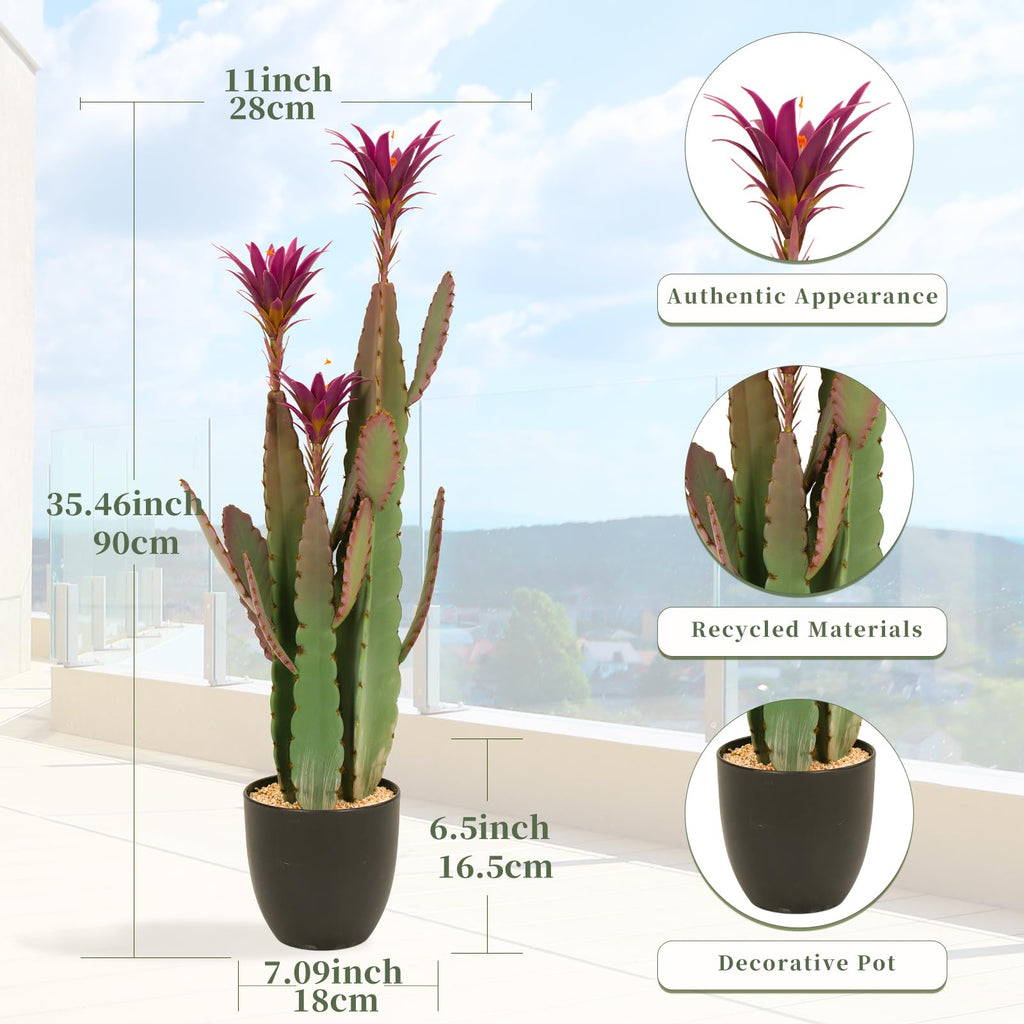 3ft Tall Artificial Cactus with Magenta Flower in Pot, Fake Cacti Plant of Satin Finish Leaves with Real Look
