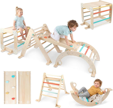 Triangle Set with Cube, Montessori Toddler Climbing Toys Indoor, Wooden Baby Jungle Gym with Climbing Arch and Ramp