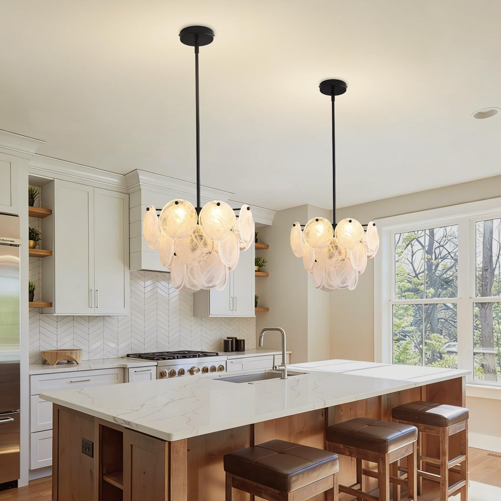Black Glass Pendant Light, 13.78" Modern Crystal Chandelier Kitchen Island, 4-Light Round Adjustable Height Ceiling