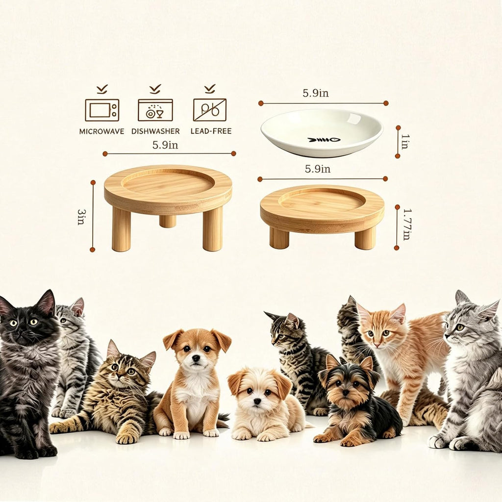 Elevated Cat Bowls Bamboo Stand, Ceramic Feeding Station for Indoor Cats