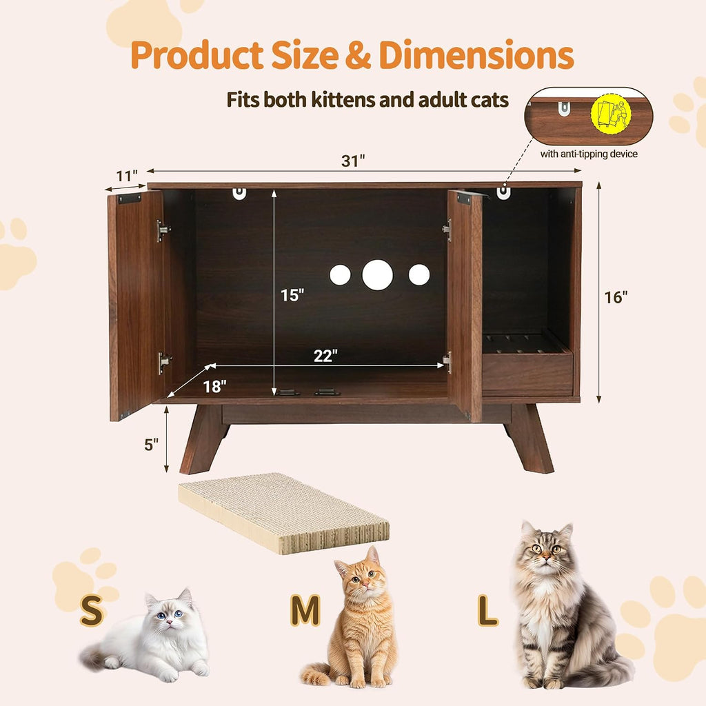 Cat Litter Box Enclosure with Litter Collector, Fluted Hidden Litter Box Furniture with Scratch Pad, 31" Wooden Cat
