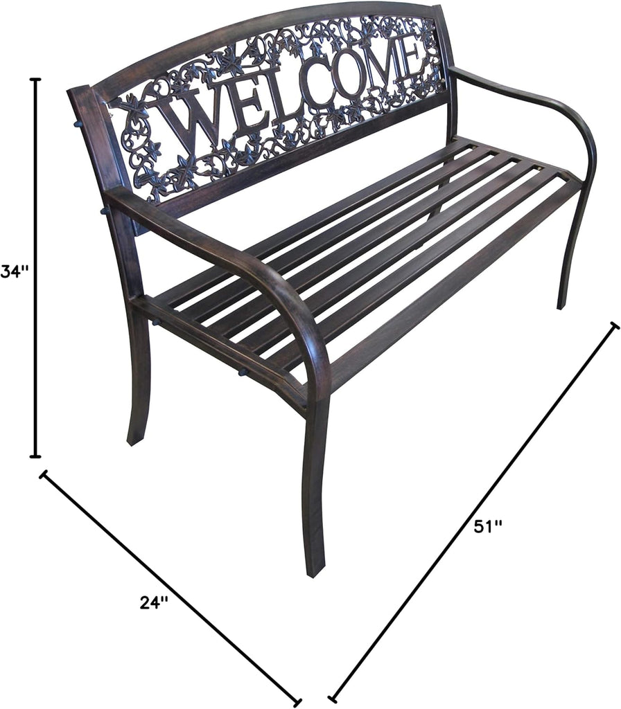 Metal Outdoor Bench, Welcome Design, Decorative Patio Seating for Porch/Deck