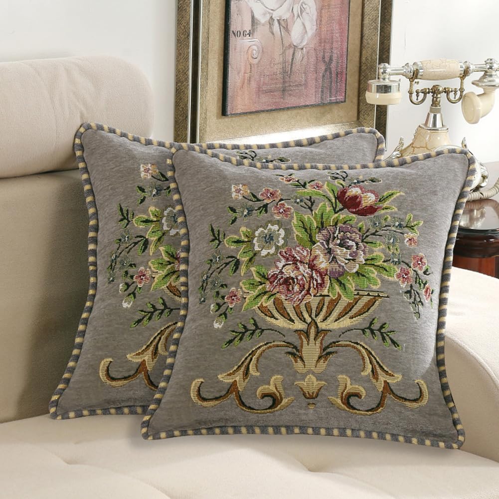2 Pcs Gray Chenille Vintage Embroidered Throw Pillow Covers 18x18in, Grey Tassel Vintage Pattern Pillow Covers, Floral