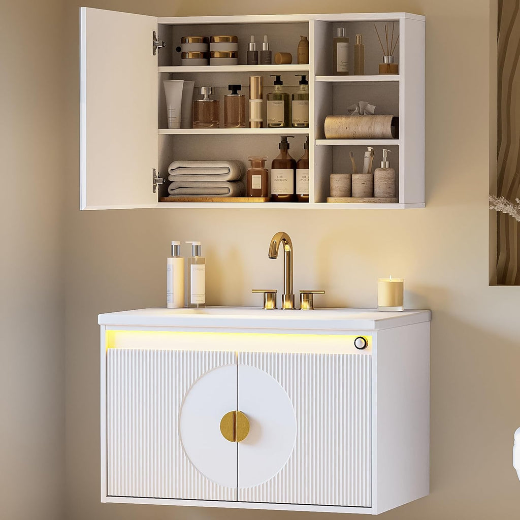 30-Inch Floating Bathroom Vanity Set with Sink & Mirror – Wall-Mounted Cabinets with LED Strip Lighting and Large Storage, White