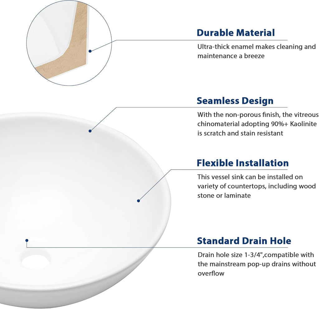 Sarlai Vessel Sink Round - 16"x16" Modern Round Bowl Above Counter White Porcelain Ceramic Bathroom Vessel Vanity Sink
