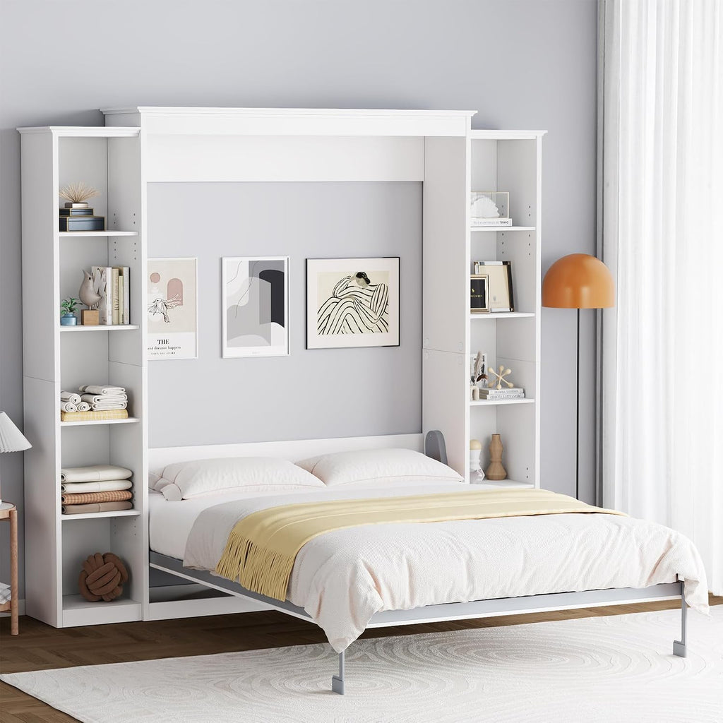 Queen Murphy Bed Cabinet with 5-Tier Adjustable Storage Shelves, Wood Queen Wall Bed Cabinet Bed, Space Saving Beds