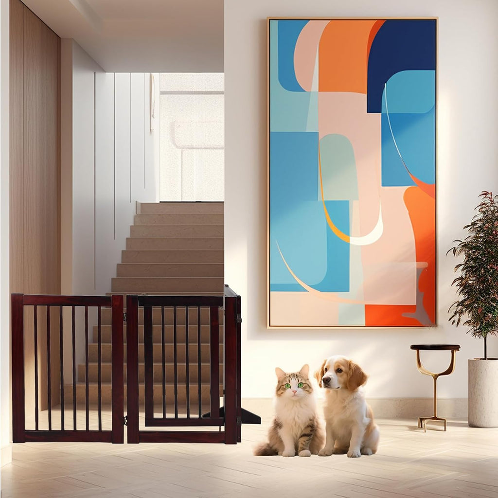 Wooden Free Standing Dog Gate with Door Walk Through, 30 inch 4 Panels Pet Gate for Dogs with 2 Support, Folding Dog