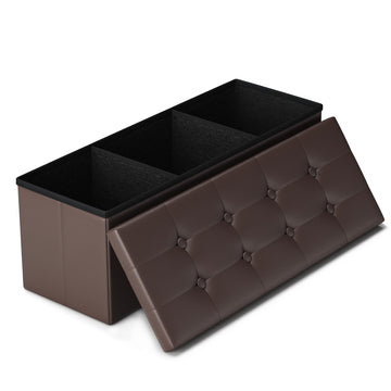 43" Storage Ottoman Bench, Folding Faux Leather Chest, Brown