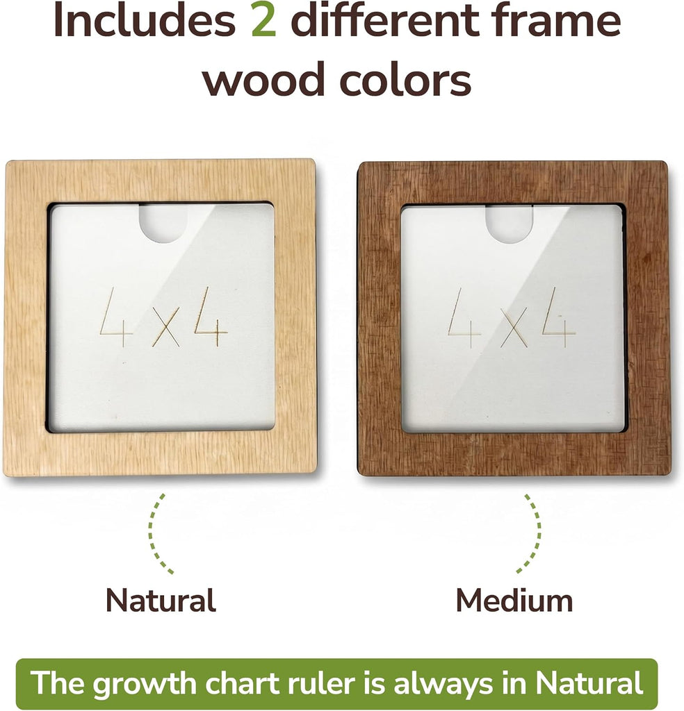 Wooden Growth Chart Ruler with 20 Picture Frames 4x4 - Kids Height Measurement Wall Decor Room - Dual Inch & cm