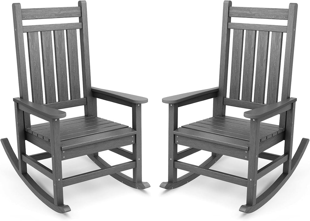 Outdoor Rocking Chair Set of 2, HDPE Rocking Chairs for Adult, Grey | 21.1" Widened Seat adds Extra Comfort