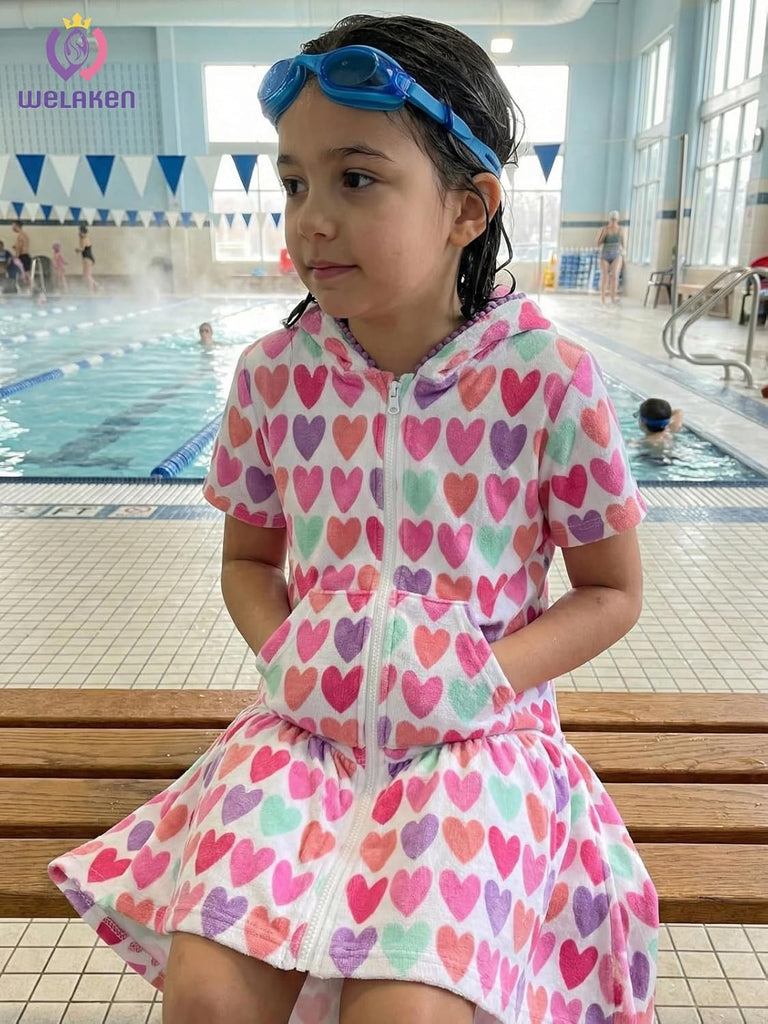 Girls Hooded Terry Swim Cover-Up Dress Full Zip Cute High-Low Hem Beach Dress with Pockets for Toddlers & Kids