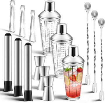 Glass Cocktail Shaker Set, 23oz Bartender Kit with Built-in Strainer, Ice Tongs, Measuring Jigger, Muddler & - Set of 3