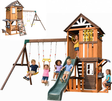 Cedar Wood Swing Set with Slide,Rock Wall,Belt Swings,Tic-Tac-Toe, Play Kitchen for Kids Backyard Outdoor