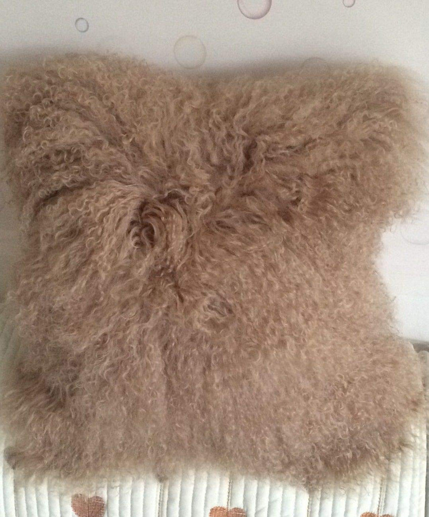 Mongolian Tibetan Lamb Fur Throw Pillow Cushion Cover Pillowcase, Khaki (24"x24")