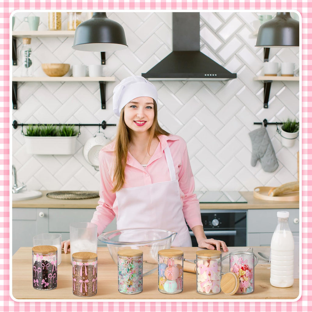 6 Pcs Valentines Day Pink Bow Glass Storage Jars with Airtight Lid 19 oz Pink Bow Decorative Canisters Sets Sugar