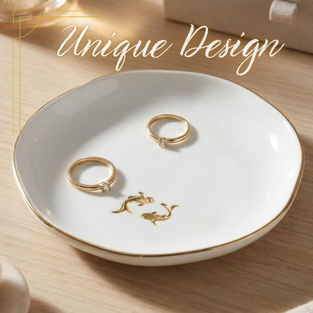 Japanese Gifts for Women, KOI Fish Gift - 4.75" Handcrafted Ceramic Ring Dish with Gold Trim, Decorative Trinket Dish