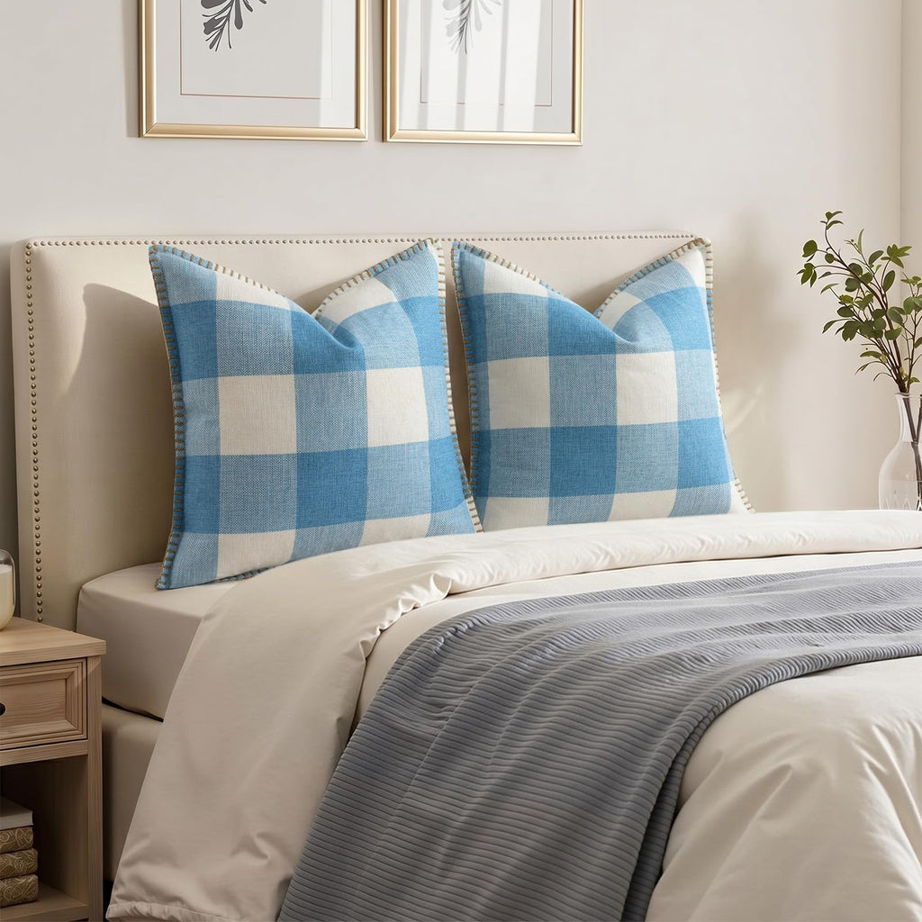 Fall Plaid Linen Throw Pillow Covers 22x22 Set of 2 Sky Blue