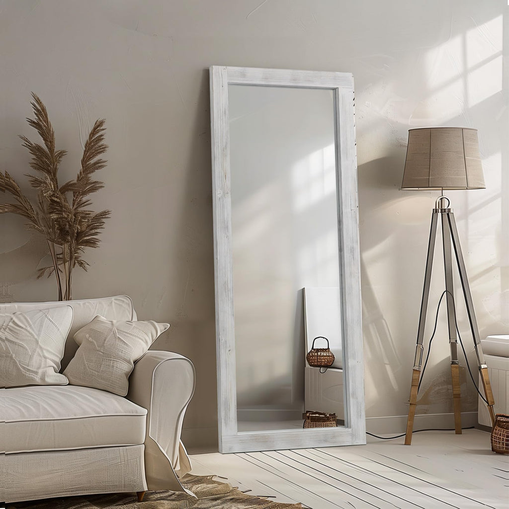 Farmhouse Full Length Mirror Wood Frame 56"x21", Weathering White