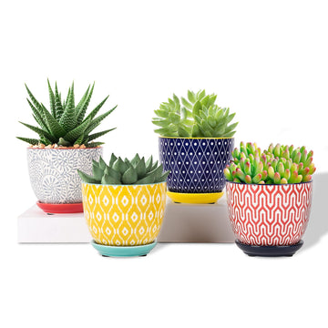 Ceramic Plant Pots, 4.6 Inch Flower Pots for Indoor Plants, Succulent Pots with Drainage Hole & Saucer, Succulent