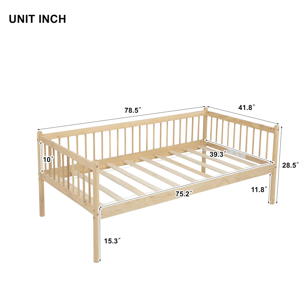 Natural Twin Pine Wood Daybed with 3-Side Guardrails