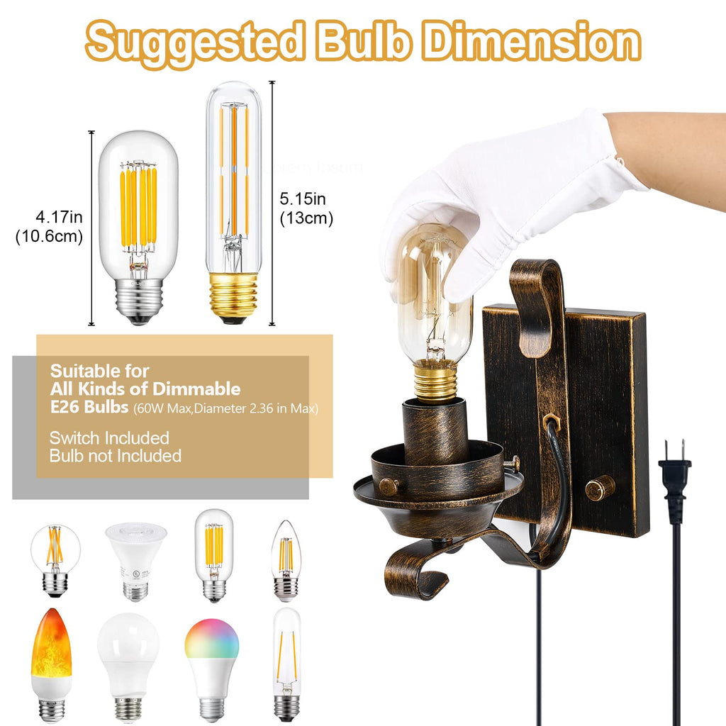 Plug in Wall Sconce,Oil Rubbed Bronze Wall Sconces,Retro Rustic Wall Lamps,Sconces Wall Lighting with Amber