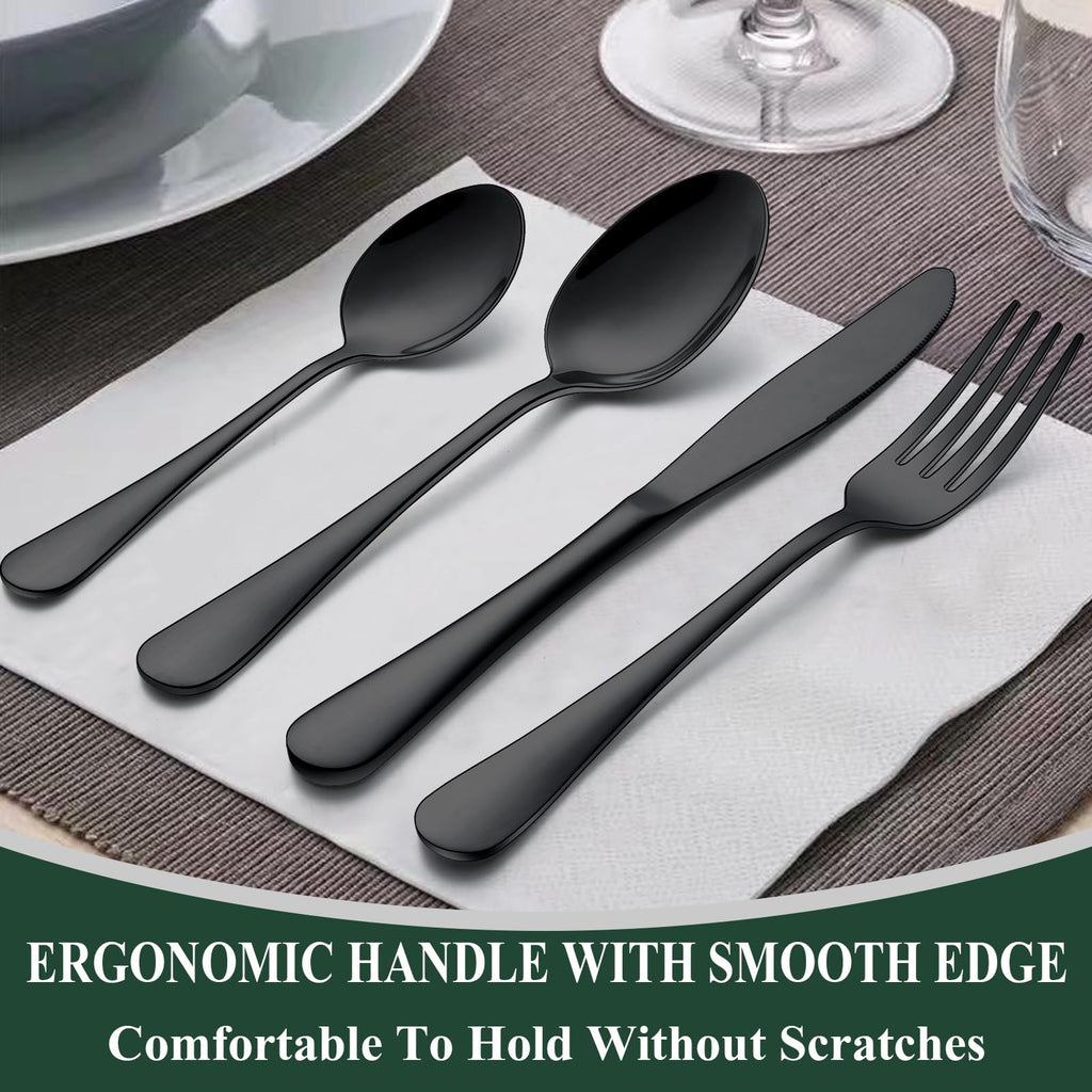 Black Silverware Set, Stainless Steel Flatware Cutlery Set Service for 8, Tableware Eating Utensils Include