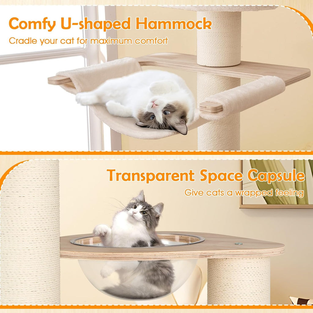 69" Tall Cat Tree, Multi-Layer Wood Cat Tower with Scratching Posts, Perch, Condo, Space Capsule, Hammock, Washable