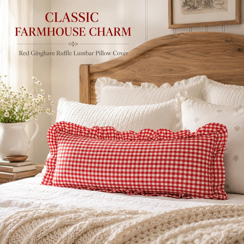 Ruffled Lumbar Pillow Cover 14x36 Gingham Red