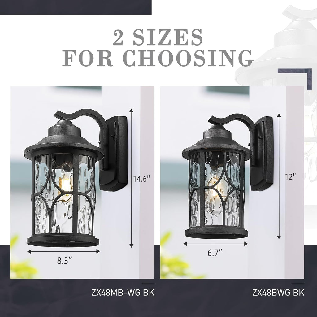 Modern Outdoor Wall Lights, 12 Inch Exterior Wall Lantern, Cast Aluminum with Water Ripple Glass, Black Finish