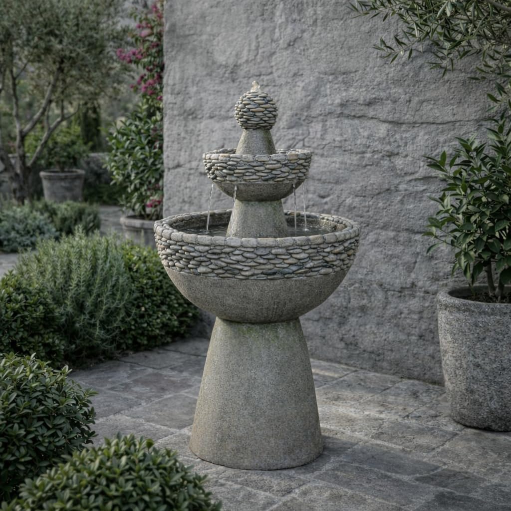 36.5 in. Outdoor 3-Tier Zen-Style Pedestal Water Fountain in. with Stone Trim with Pump and 2.64 Gallon Capacity