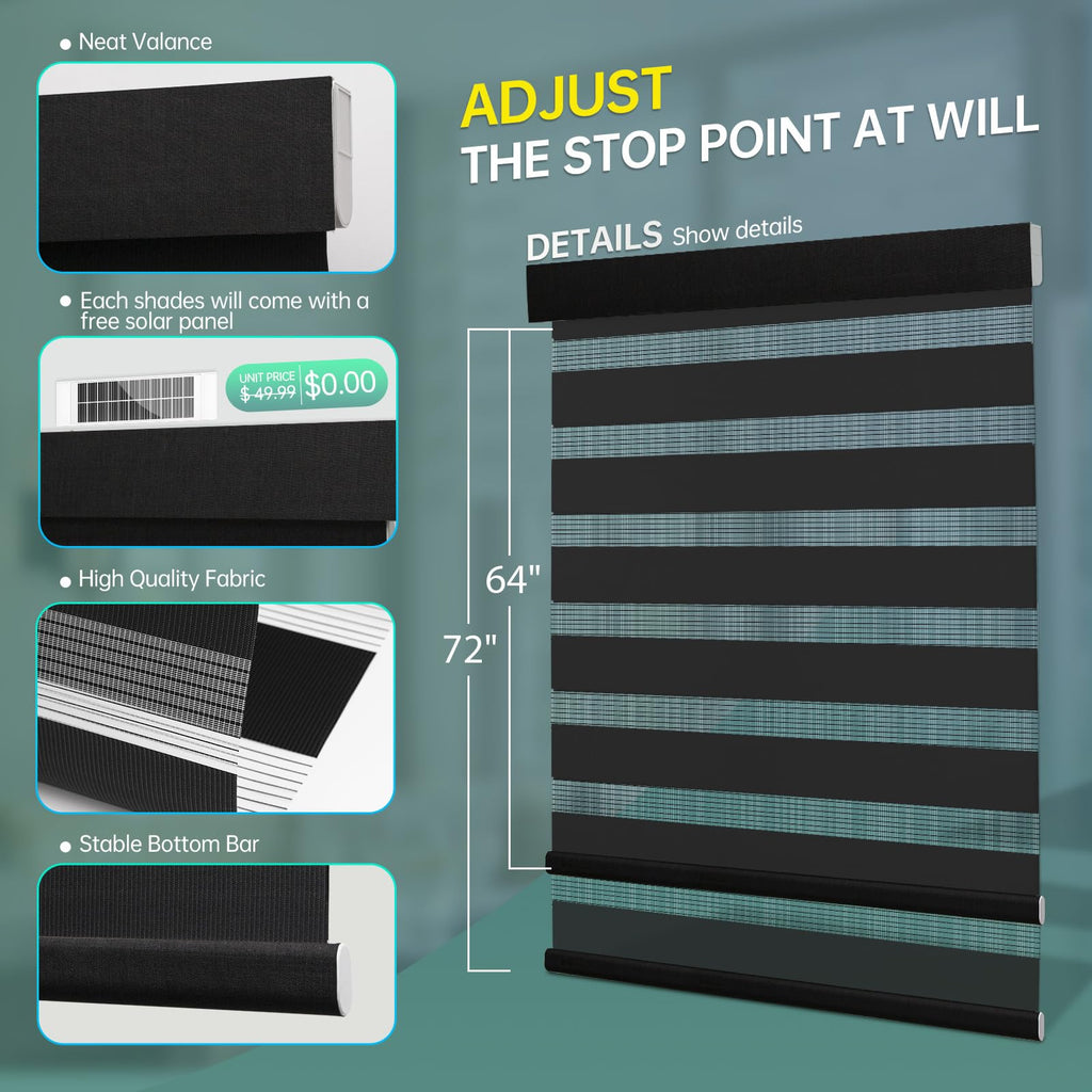Motorized Zebra Blinds, Solar Powered Dual Layer Automatic Shades with Remote Control, Rechargeable Smart Blinds