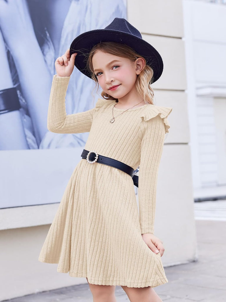 Toddler Girl Dress Baby Girls Knitted Ruffle Sleeve Pocket Dresses A-Line Flared Fall Winter Clothes