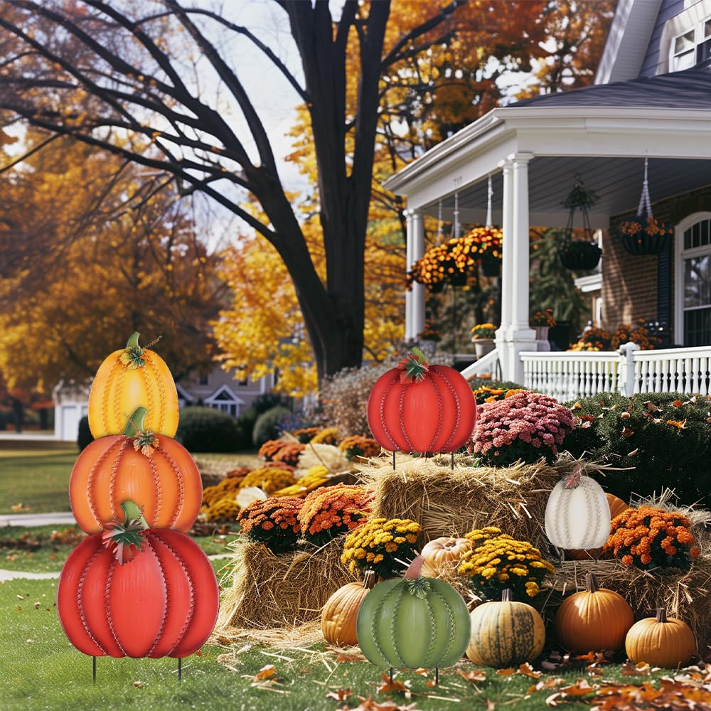 Fall Decorations Outdoor, 34" 2PCS Decorative Garden Stakes with 6 Pumpkins for Fall Decor, Metal Yard Signs Outside