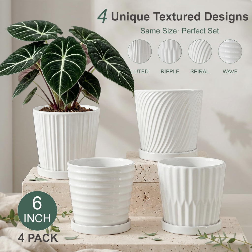 White 6 Inch Flower Pots for Plants, Ceramic Planter with Drainage Holes