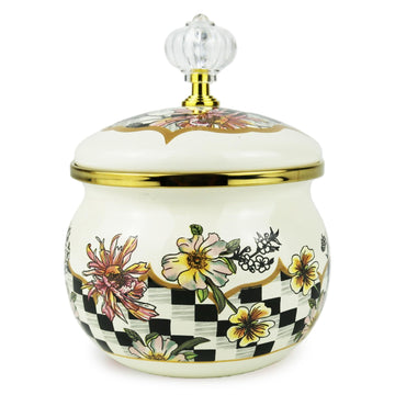 Enamel Storage Jar Vintage Floral Sugar Bowl Honey Pot Spice Box Canister