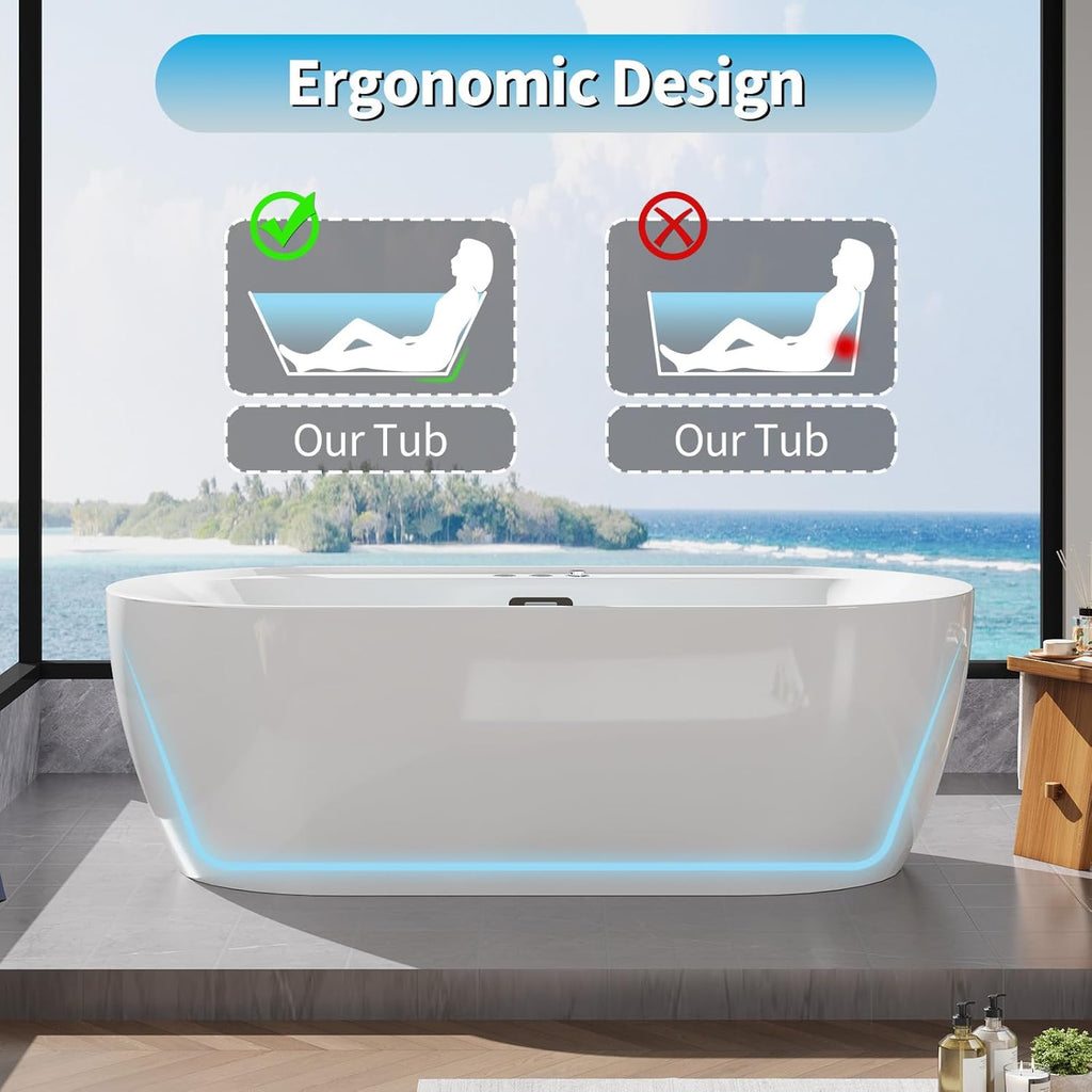 Acrylic Freestanding Bathtub, 71-Inch White Soaking Tub with Air Bubble Jets, Manual Control, Modern Stand-Alone Design
