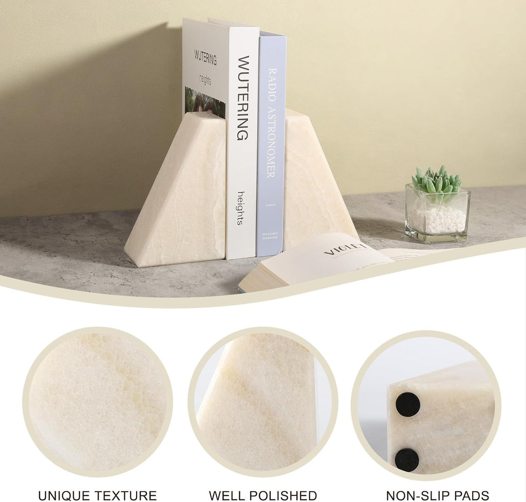 Marble Bookends for Shelves, Large Bookends for Heavy Books, Non-Slip 7Lbs Stone Book Ends for CD/Movies, Modern