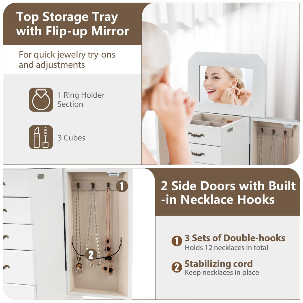 Standing Jewelry Armoire with Flip Top Mirror, Top Storage Tray, 4 Drawers, 2 Side Doors with Necklace Hooks, Vintage