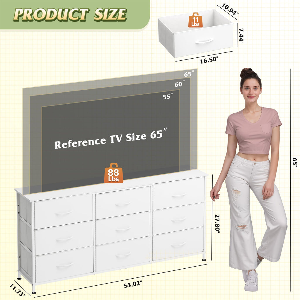 TV Stand for 65'' TV, 9 Fabric Drawers of Wide, White