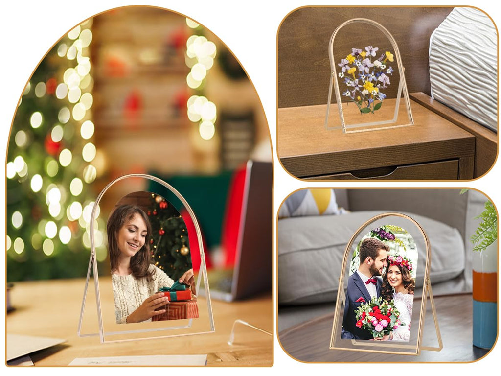 Gold 8x10'' Arched Floating Frame Set of 2, For Photo Sizes (5x7'', 6x8'', 7x9''), Beautiful Dry Flower Metal Beaded