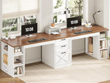 Farmhouse 96.5" Computer Desk with Drawers, 2 Person Home Office Desk, Gaming Double Desk with Storage Shelves