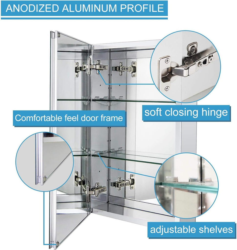 15 x 24 Medicine Cabinet, Two Adjustable Shelves, Recessed or Surface Mount | Bathroom Medicine Cabinet with Mirror
