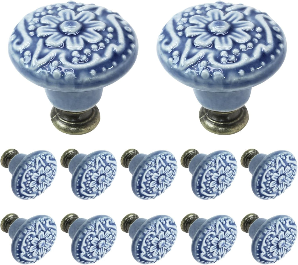 12 Pcs Light Blue Vintage Round Ceramic Cabinet Knobs and Pulls for Drawer, Cupboard, Closet Door