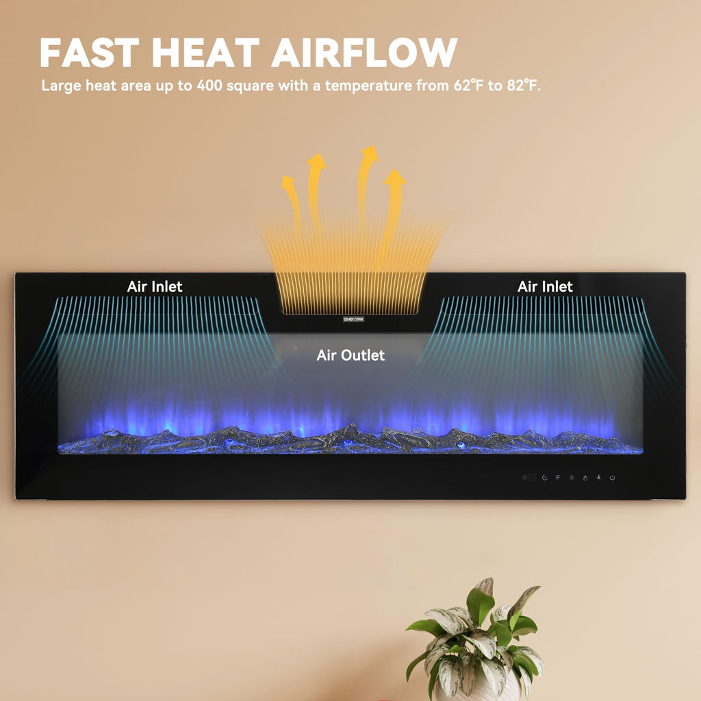 50 Inch Electric Fireplace Wall Mounted and Recessed LED Fireplace with Remote Control 8h Timer, 12 Flames, Touch