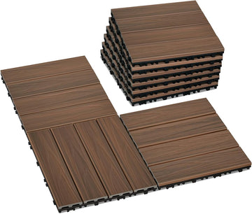 Interlocking Deck Tiles 9 PCS, 12" x 12" All-Weather Plastic-Wood Outdoor Patio Flooring Tiles for Indoor, Balcony