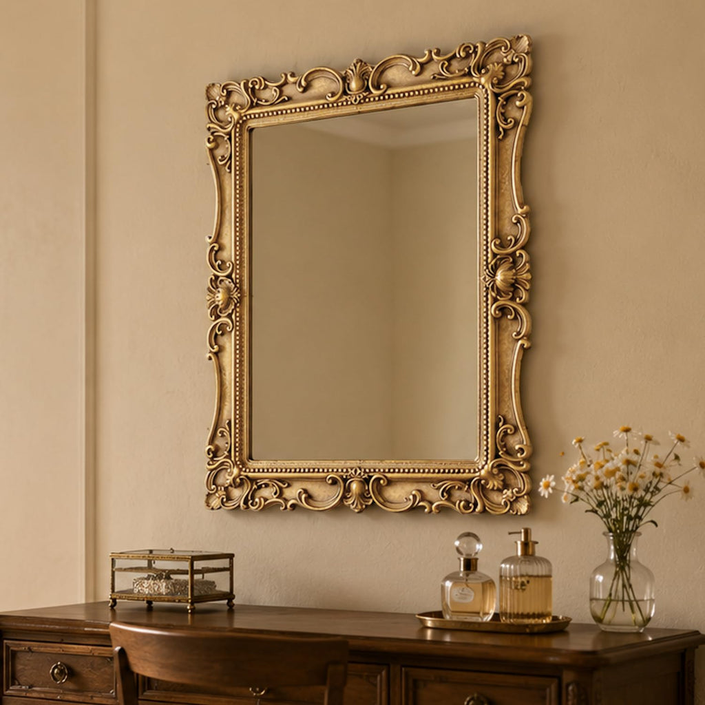 Vintage Rectangular Wall Mirror, Ornate Baroque Carved Wood Frame